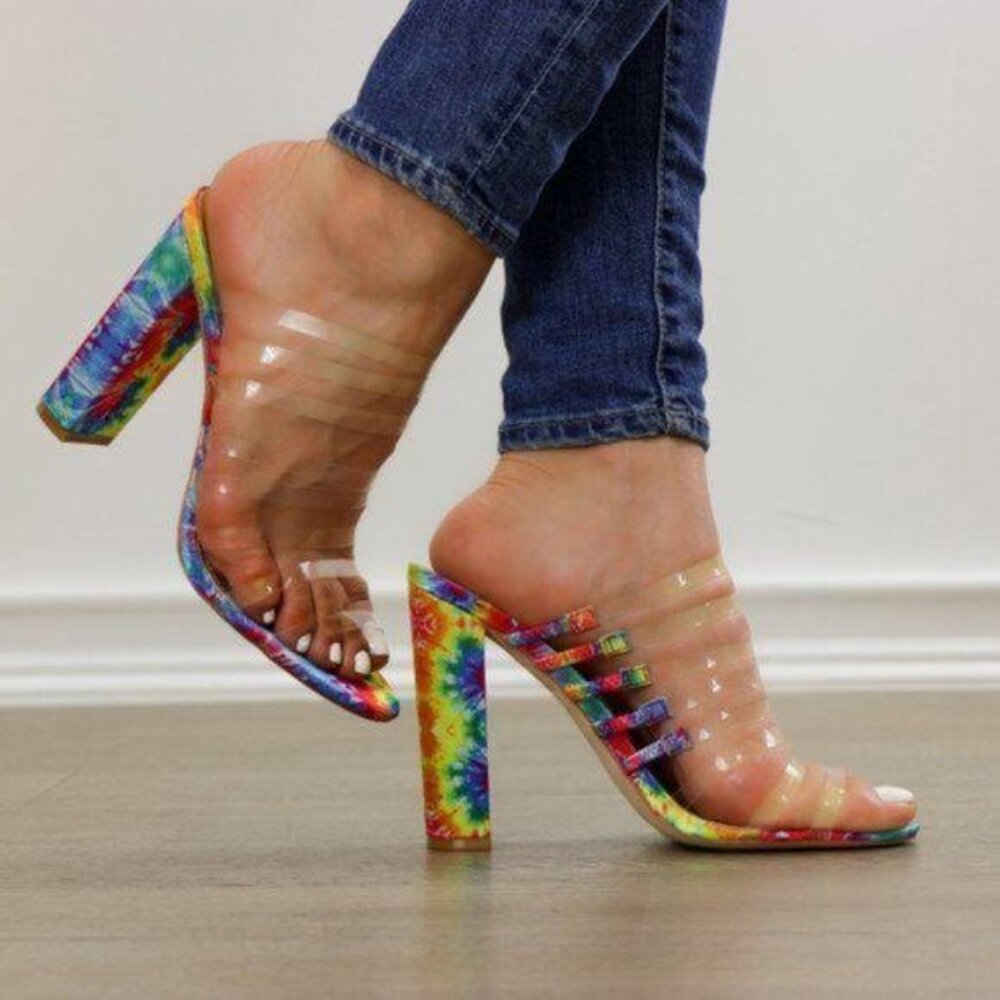 Tie Dye Clear Strappy Chunky Heel Open Toe Sandals - Picture 8 of 8